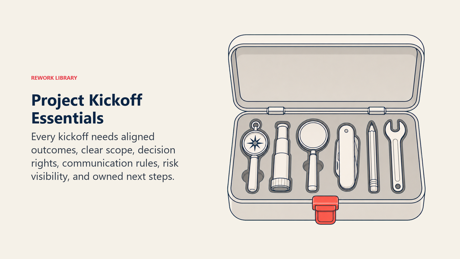 Project Kickoff Essentials illustrated by a kickoff toolkit case containing six distinct essential instruments and one coral alignment clasp