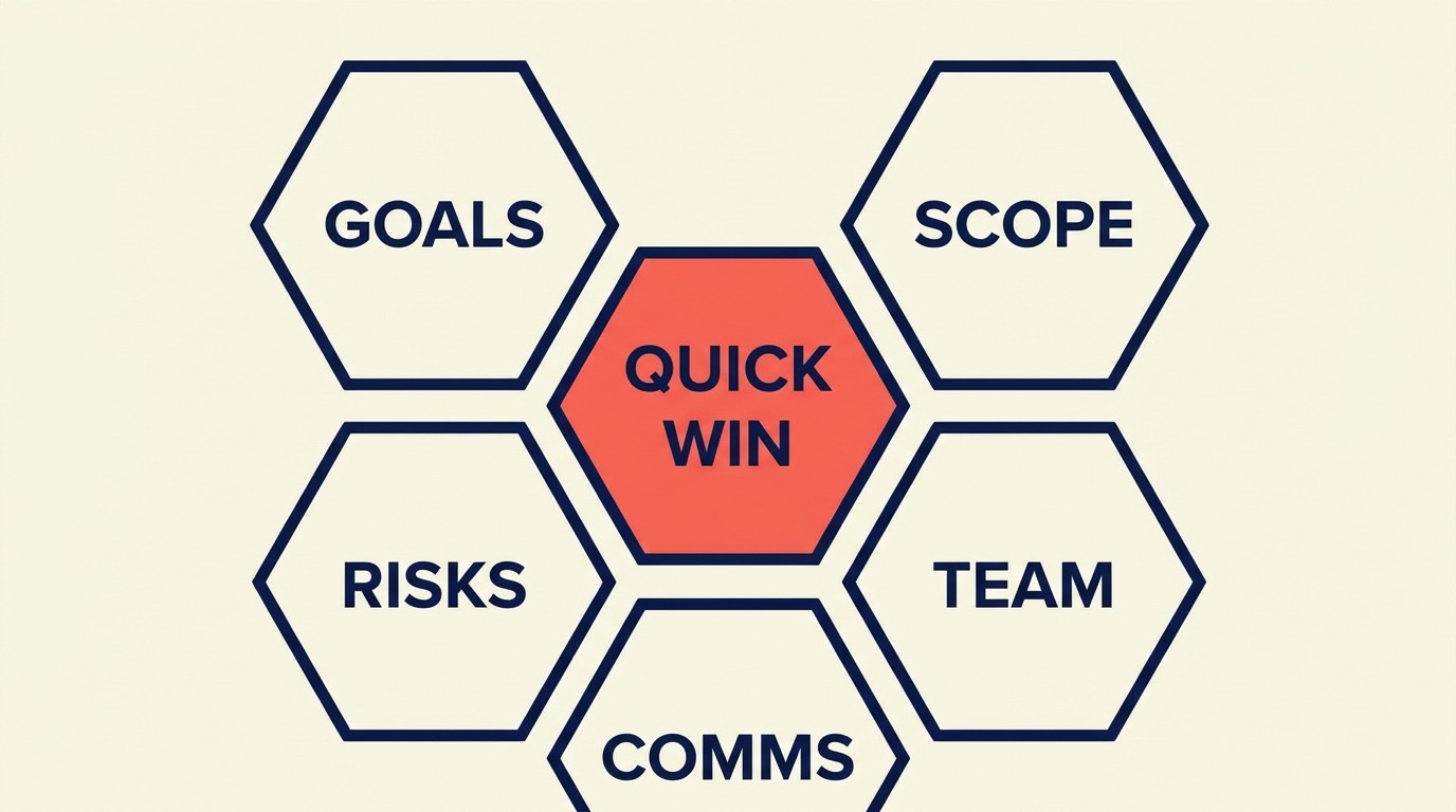 Six non-negotiable kickoff components including goals, scope, team, and quick wins