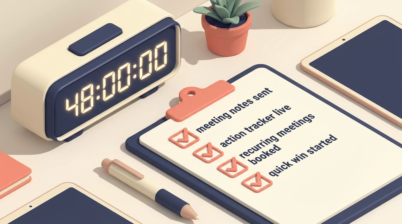 Follow-up actions in the 48 hours after kickoff — notes, trackers, stakeholder check-ins