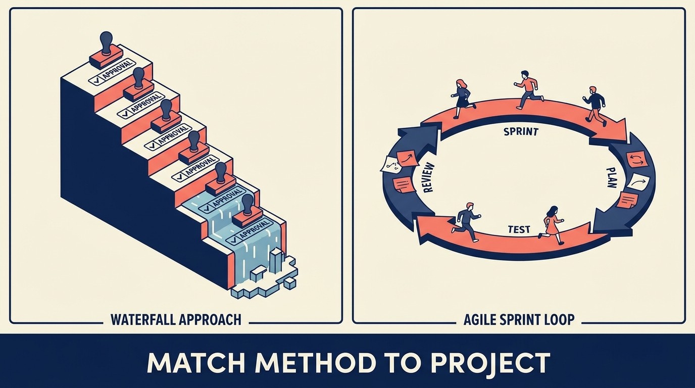 Decision matrix for selecting project management methodology based on scope, timeline, and client factors