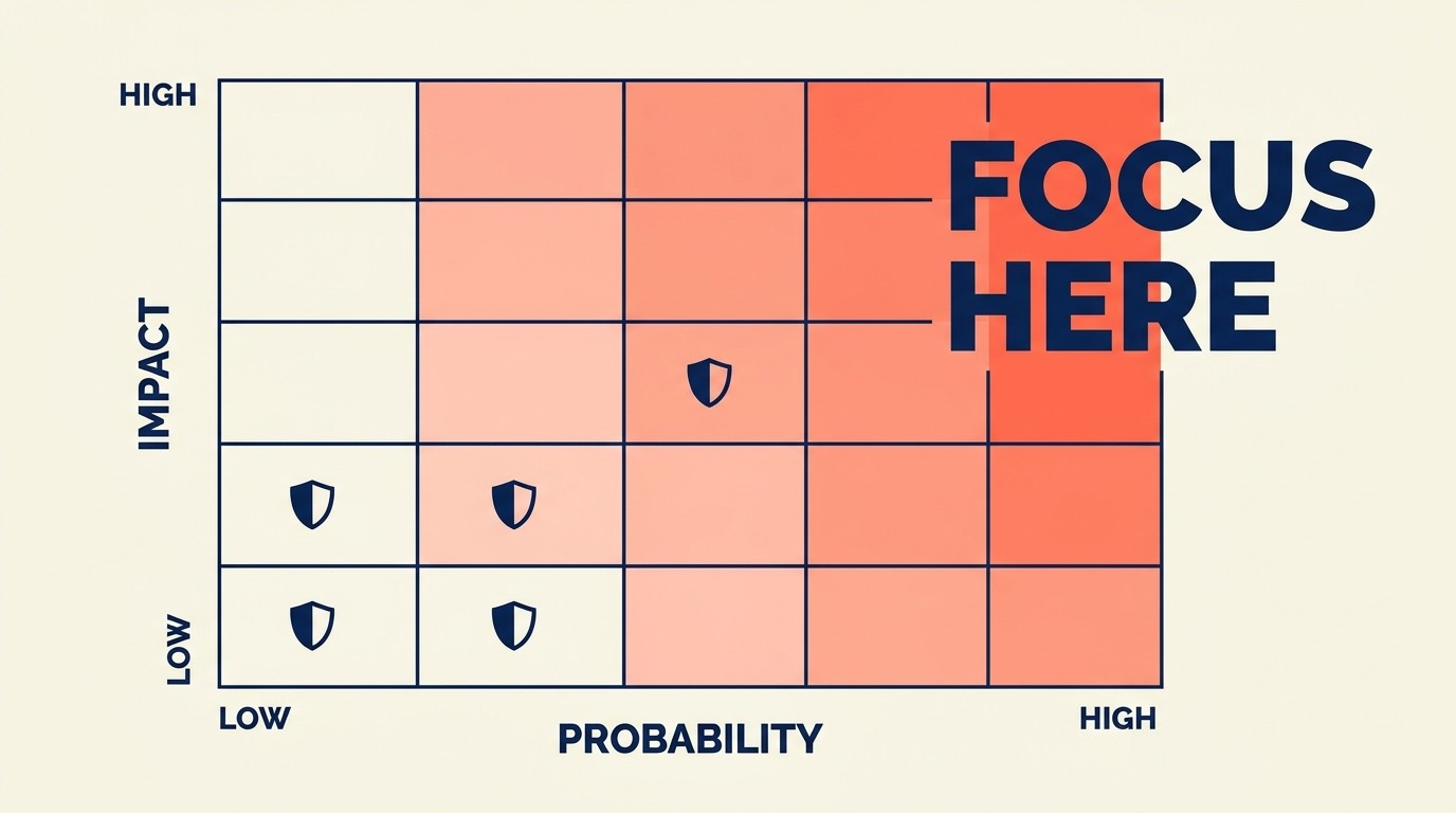 Risk register template tracking probability, impact, mitigation strategies, and ownership
