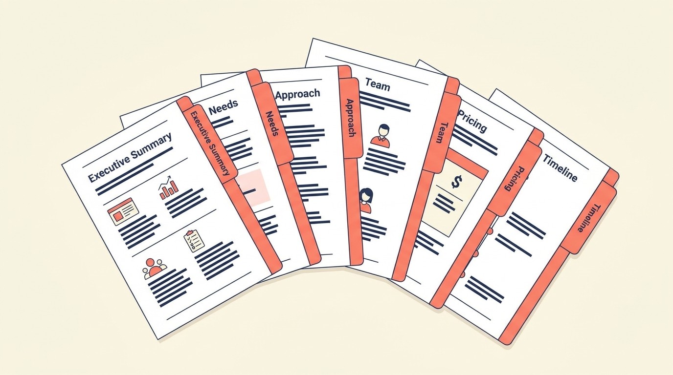 Core proposal sections including executive summary, approach, team, and pricing