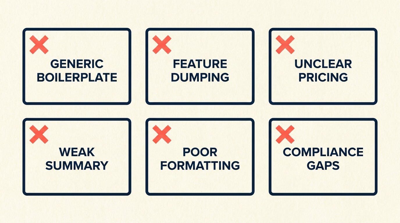 Proposal failure patterns including boilerplate, feature dumping, and unclear pricing