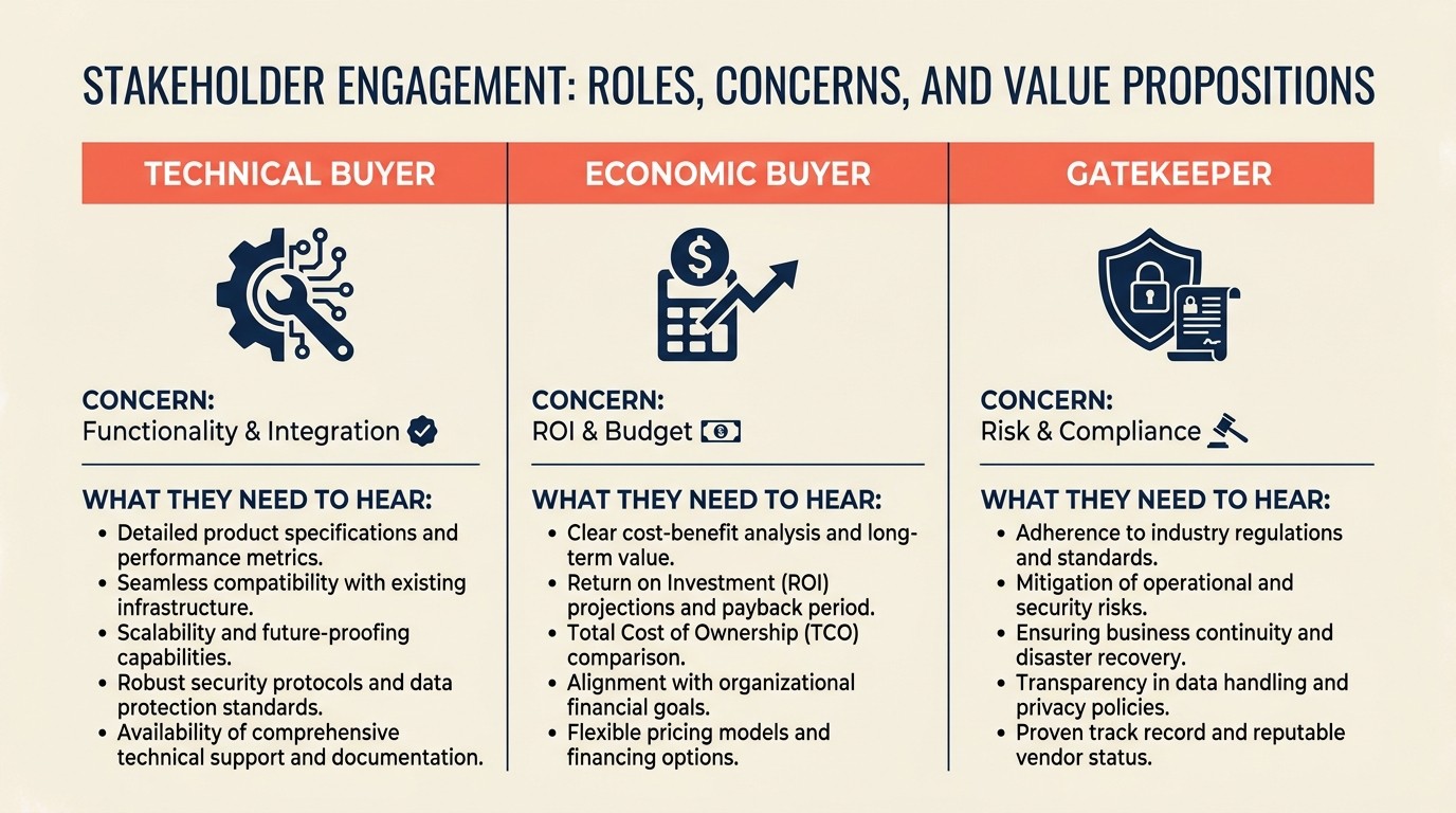 Stakeholder map of technical buyers, economic buyers, influencers, and gatekeepers