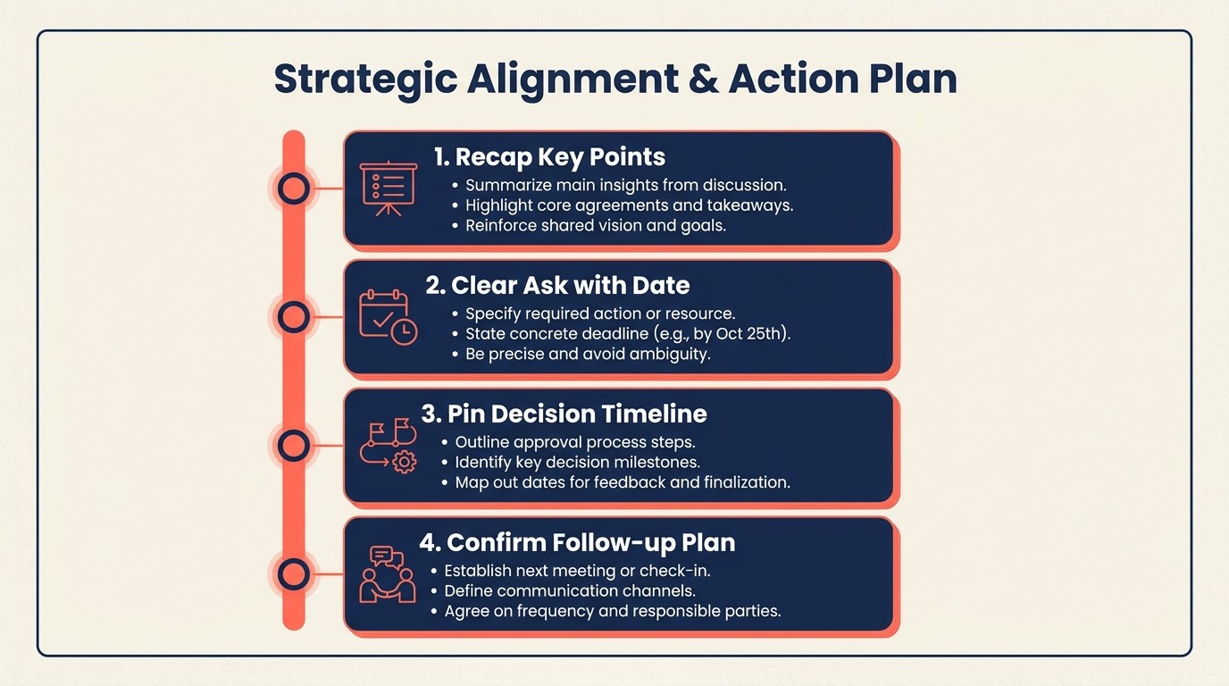 Strong close sequence: recap key points, clear call to action, timeline, and follow-up plan