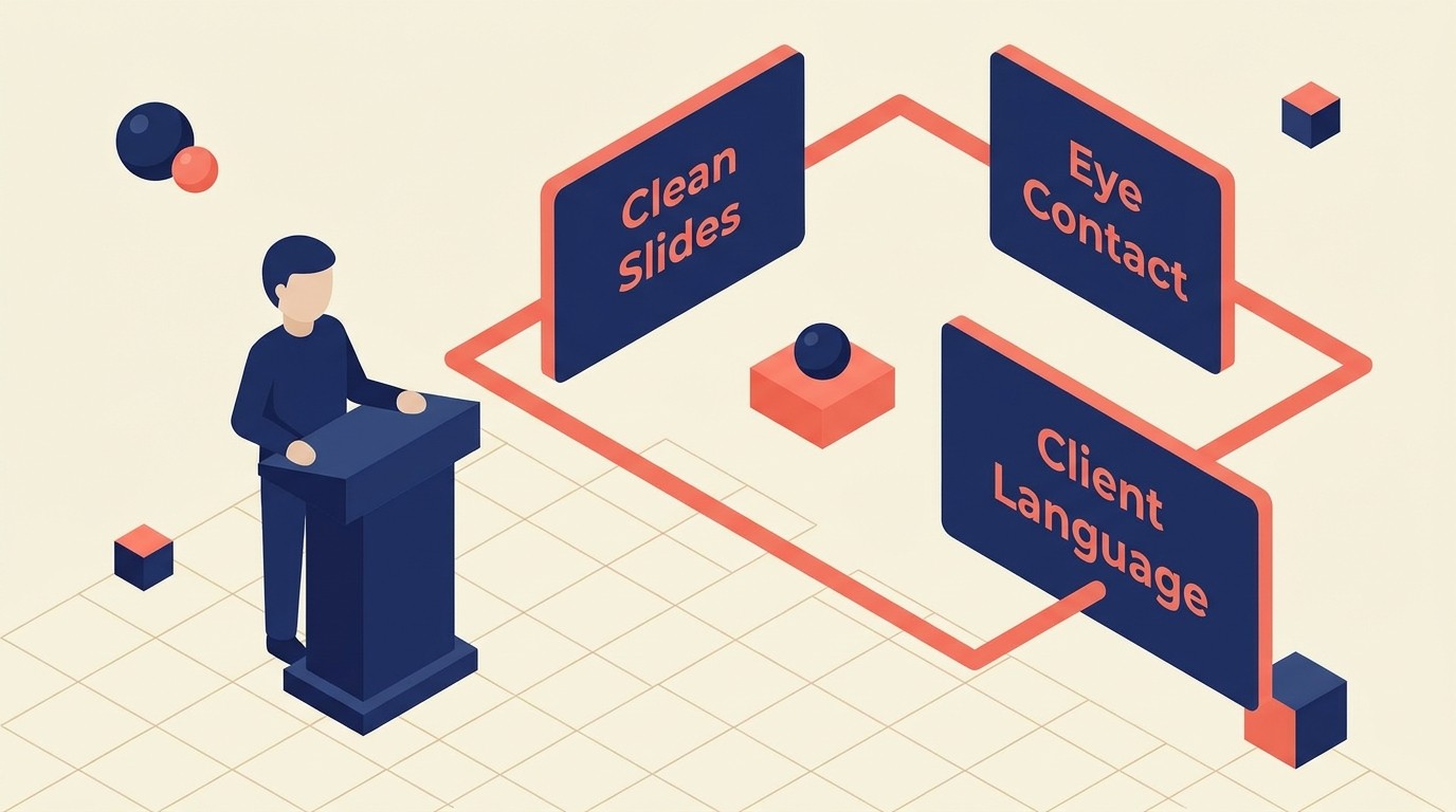 Delivery fundamentals spanning visual design, speaking, team dynamics, and client-focused language