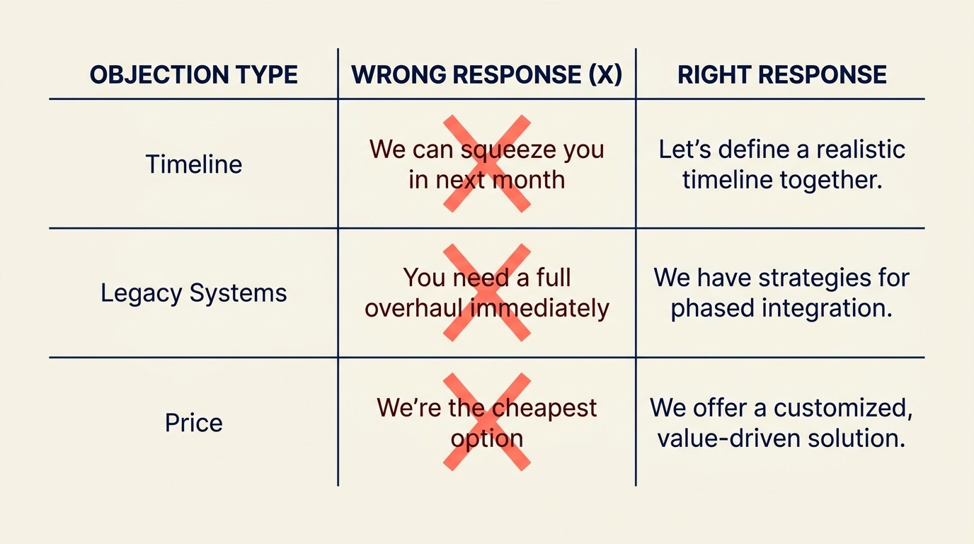 Four-step objection handling: acknowledge, provide evidence, reframe, and offer risk mitigation