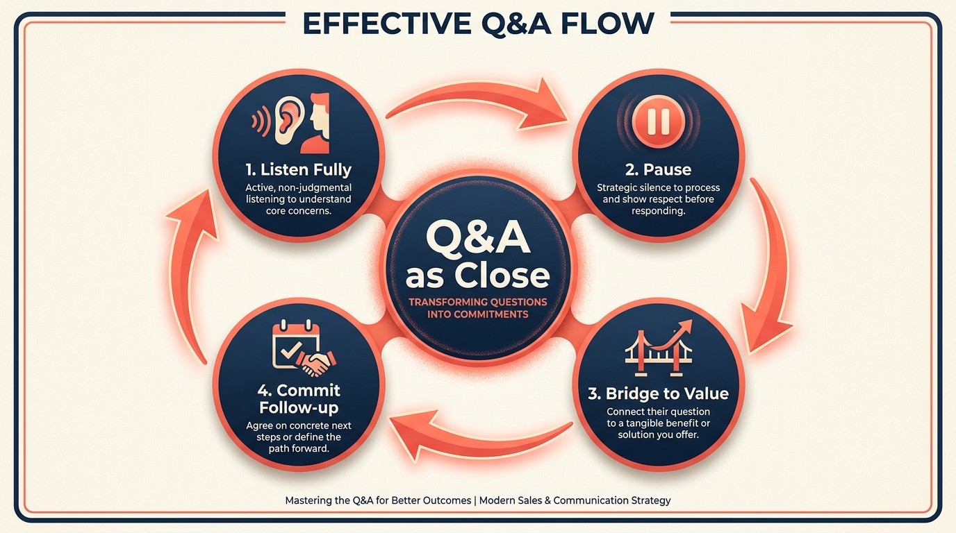 Q&A response framework covering listen, pause, bridge, acknowledge unknowns, and commit to follow-up