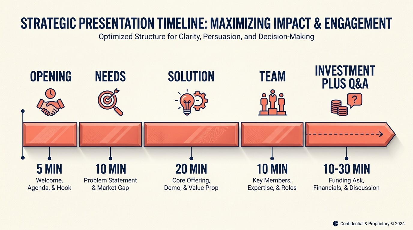 45-60 minute presentation timeline broken into opening, needs, solution, team, investment, and Q&A