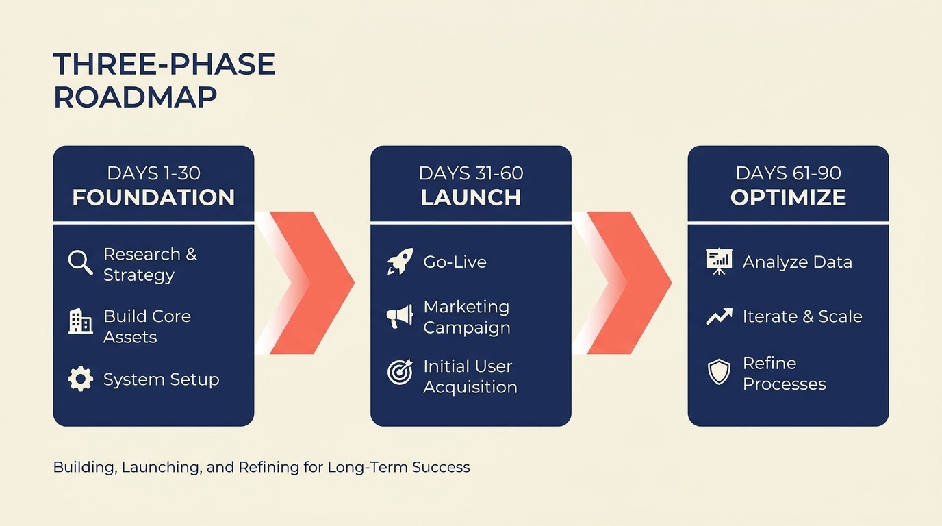 Ninety-day rollout roadmap split into foundation, launch, and optimize phases for building a referral program