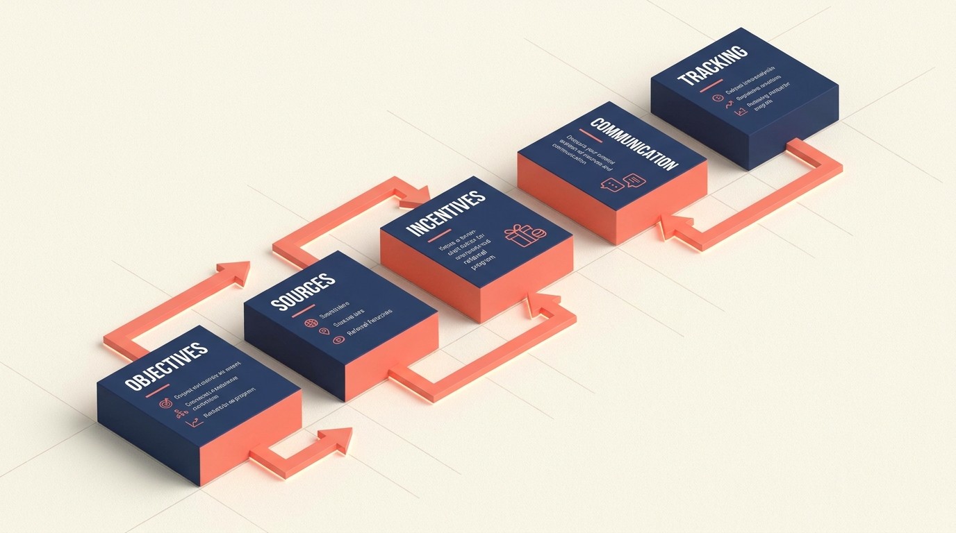 Blueprint for a referral program showing objectives, target sources, incentive structure, communication plan, and tracking