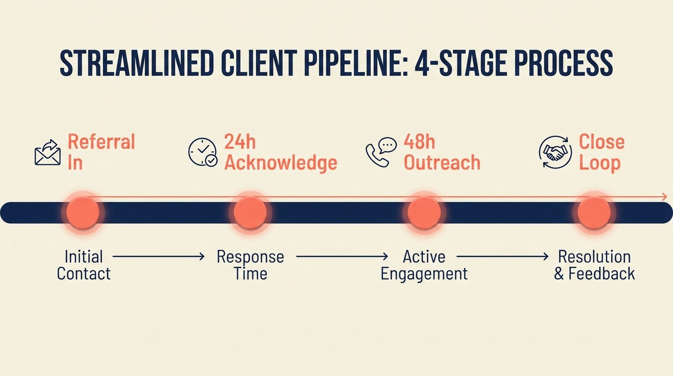 Referral intake workflow covering qualification, 24-48 hour response, closing the loop, and CRM attribution