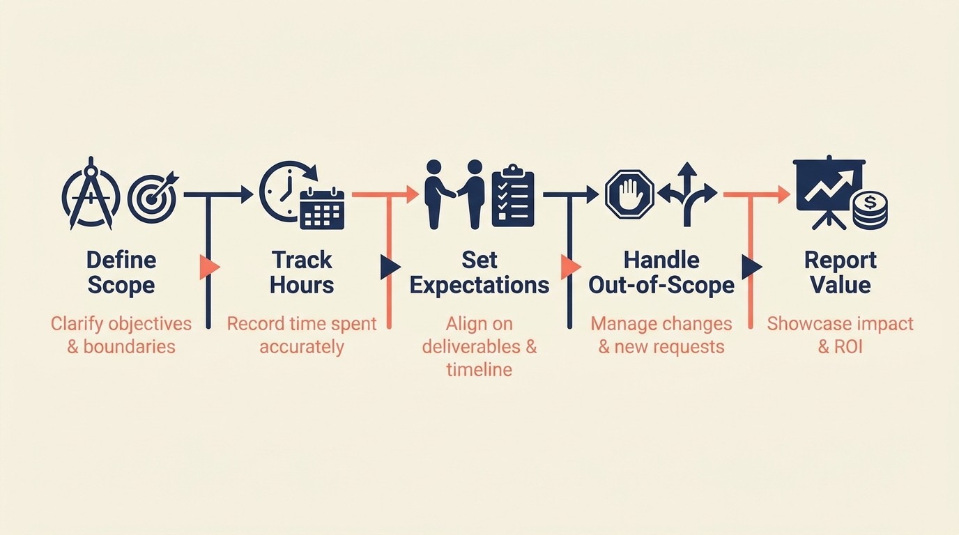 Project scoping workflow: discovery, SOW with acceptance criteria, change order process, milestones, QA, and closeout