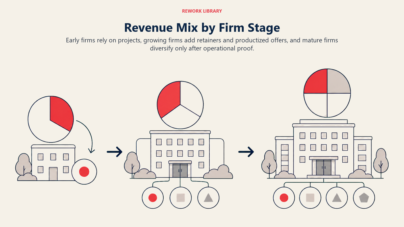 Revenue Mix by Firm Stage illustrated by a wide three-stage firm landscape where the revenue mix evolves from one project channel to a balanced multi-channel portfolio