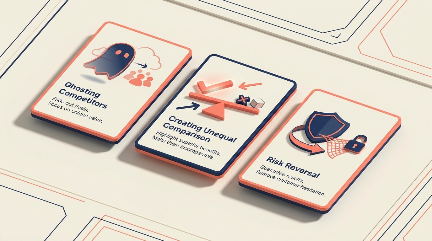 Three differentiation tactics visualized: ghosting competitor approaches, creating unequal comparisons, and reversing buyer risk