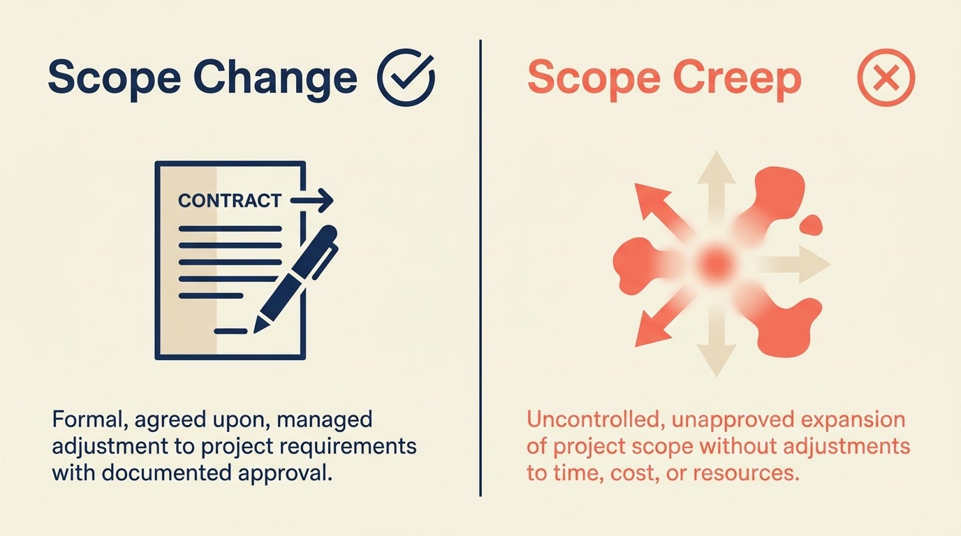 Diagram distinguishing scope creep from scope change, showing uncompensated unauthorized work expansion versus formally approved scope adjustments