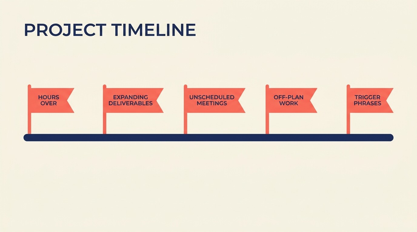 Early warning indicators for scope creep including hours over estimate, expanding deliverable lists, unscheduled meetings, and suspicious client conversation patterns
