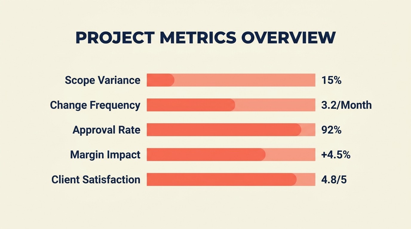 Key scope performance metrics including variance by project, change request frequency, approval rate, margin impact, and client satisfaction correlation