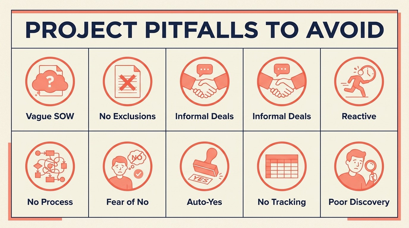 Common scope management pitfalls including vague SOW language, missing exclusions, informal agreements, fear of saying no, and reactive management