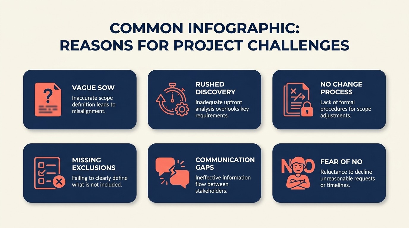 Root causes of scope creep including vague SOW language, inadequate discovery, weak change management, missing exclusions, and fear of saying no