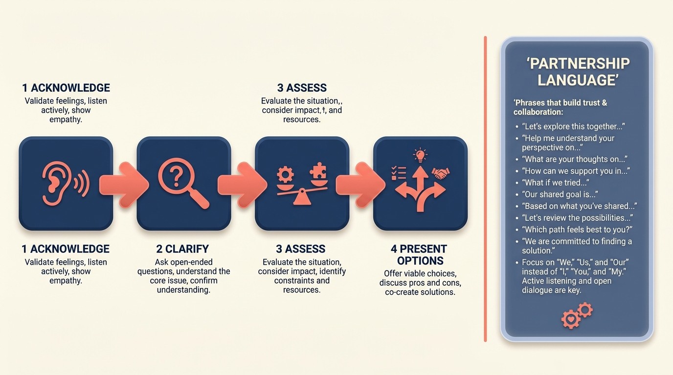Four-step scope conversation framework showing acknowledge, clarify, assess, and present options as a partnership-based response to client requests