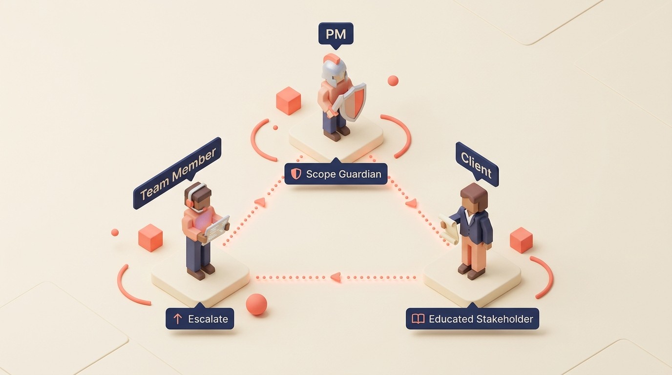 Team accountability layers for scope discipline spanning PM scope guardianship, team training, client education, and organizational culture
