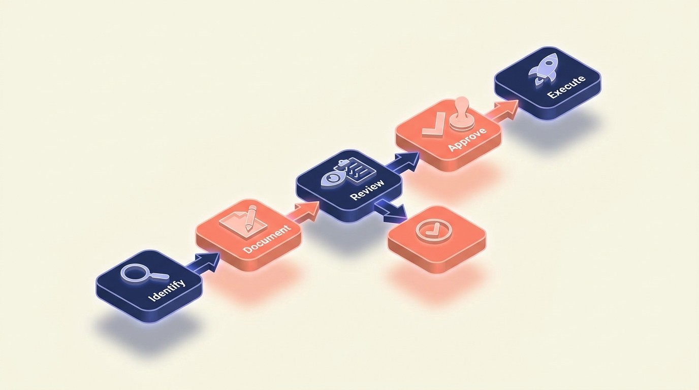 Change order workflow diagram showing identification, documentation, review, written approval, and execution steps that protect project profitability