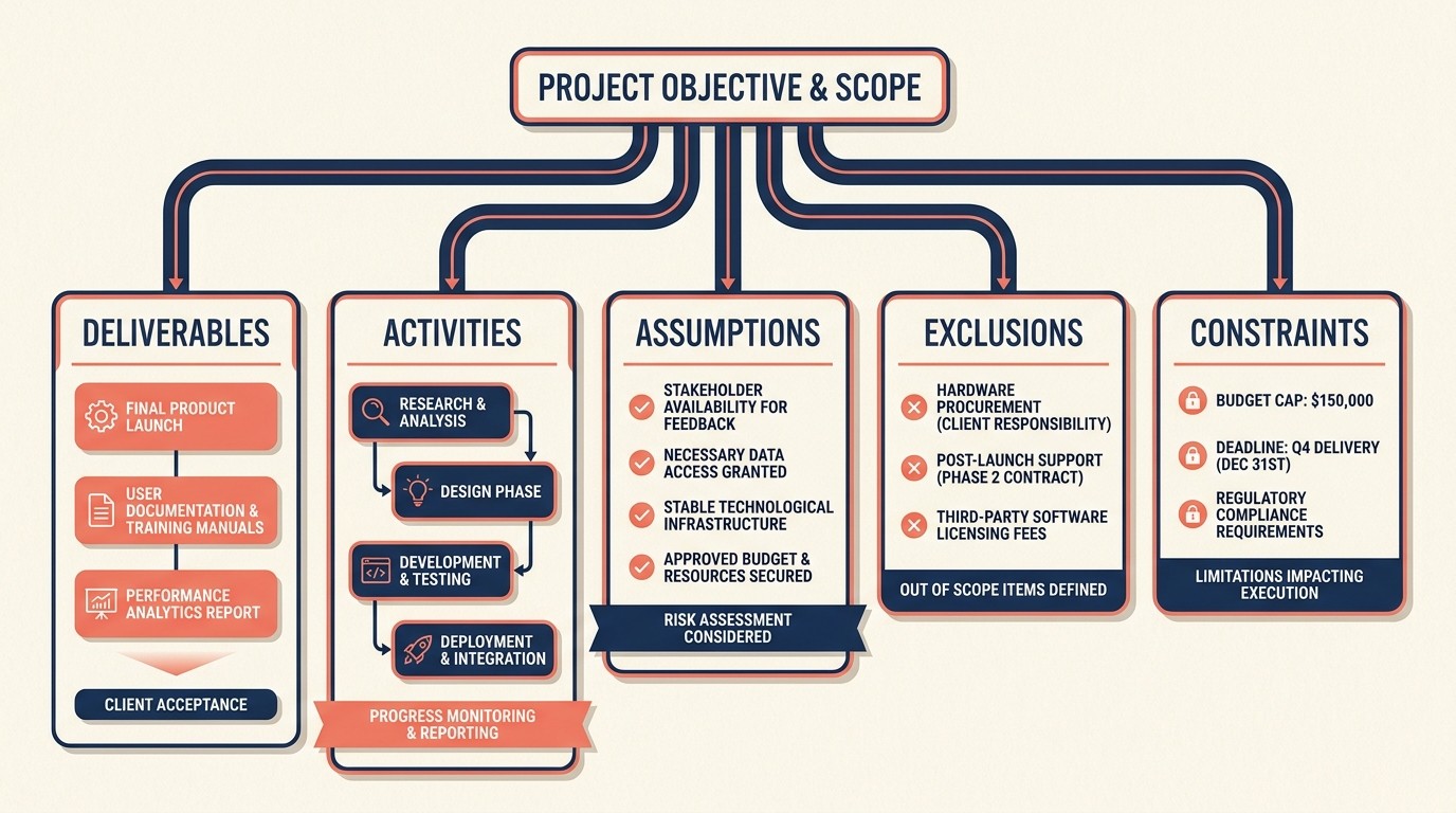 Six scope definition techniques including work breakdown structure, deliverable definition, activity scoping, exclusions, assumptions, and constraints