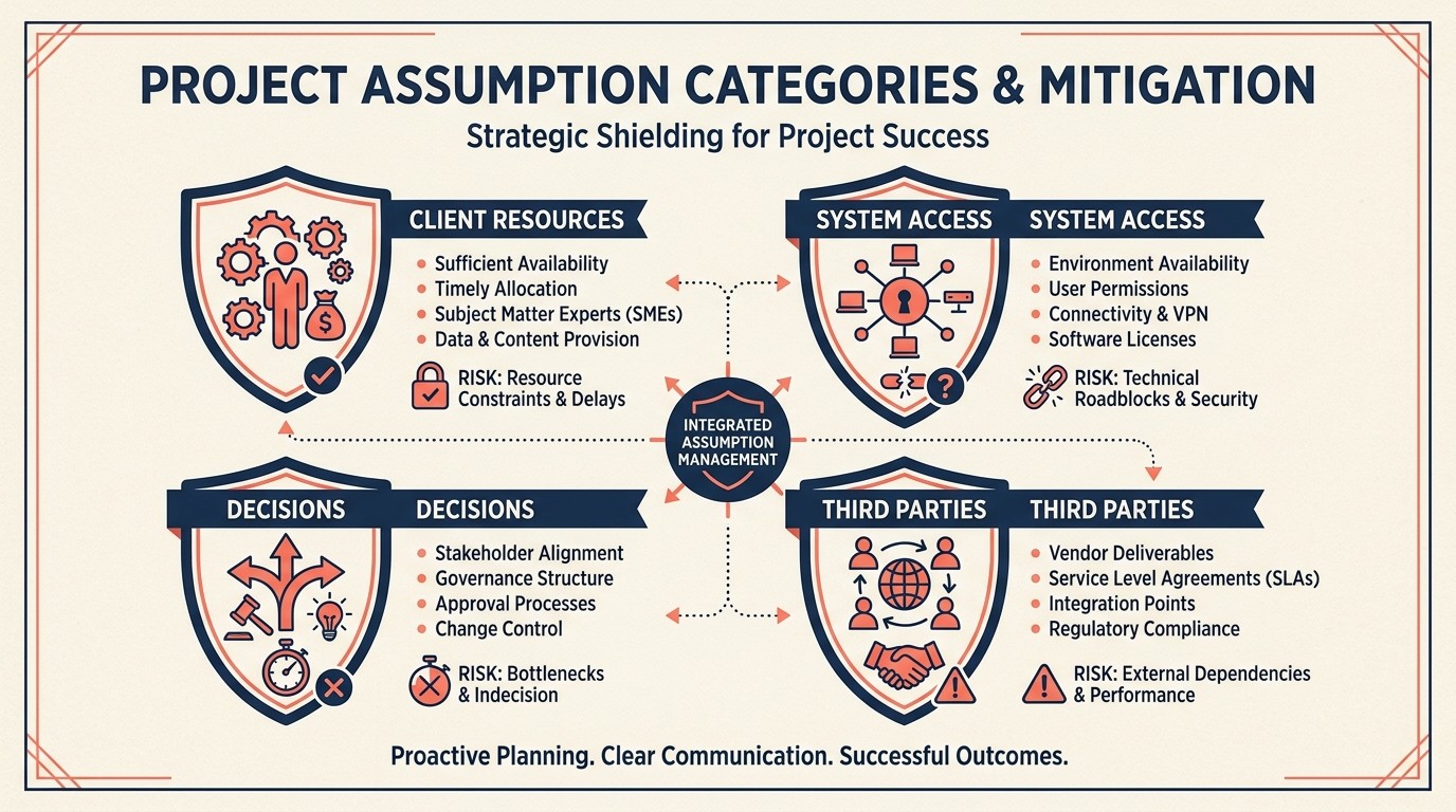 Assumption categories to document in an SOW including client resource availability, system access, decision timelines, third-party deliverables, and environmental factors