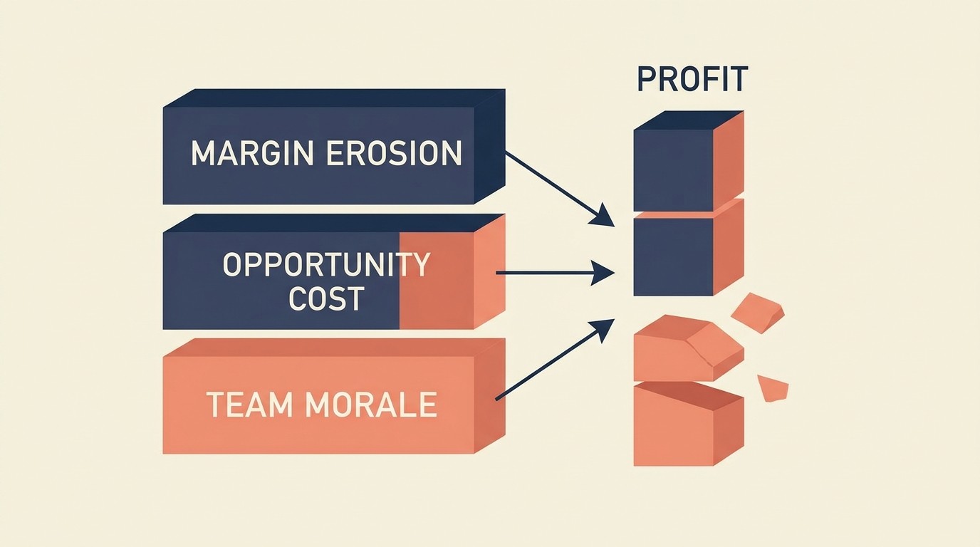 Hidden costs of scope creep showing margin erosion, opportunity cost, team burnout, and conditioned client expectations in professional services