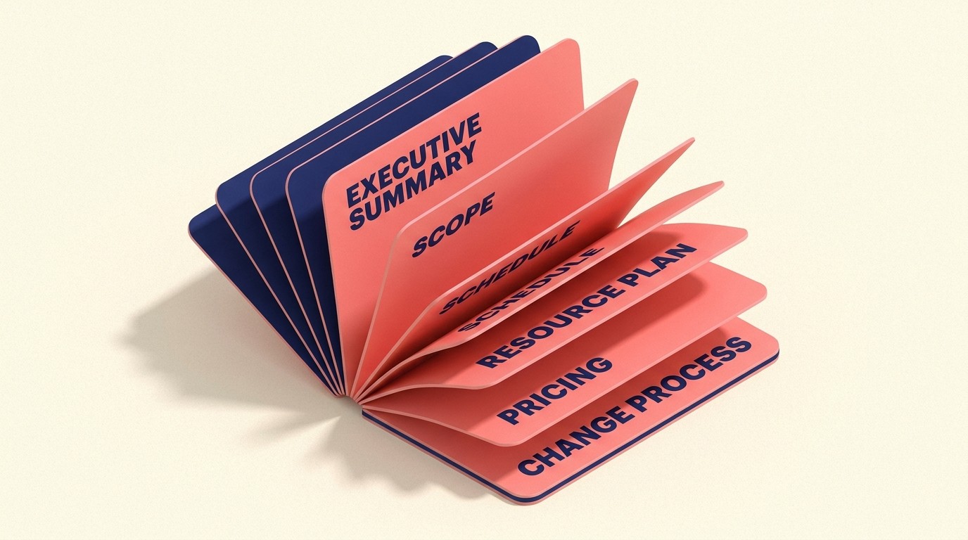 Complete SOW structure diagram covering executive summary, scope, deliverables schedule, resources, success criteria, exclusions, pricing, and change management