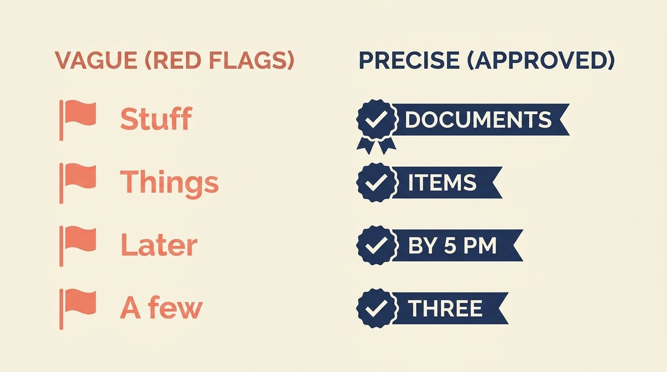 Side-by-side comparison of vague versus specific scope language showing how precise deliverable-focused wording prevents future scope disputes