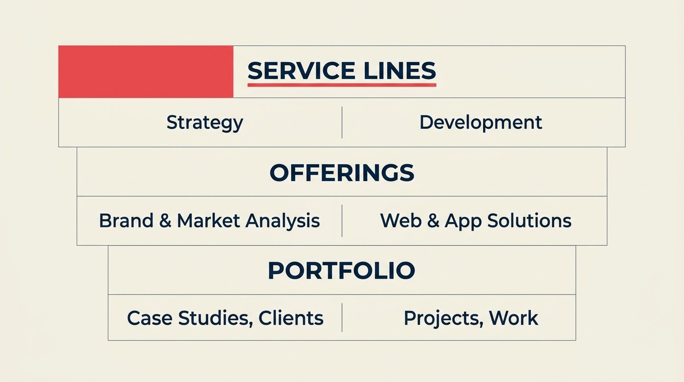 Service line portfolio architecture diagram showing industry verticals and functional horizontals in a matrix structure