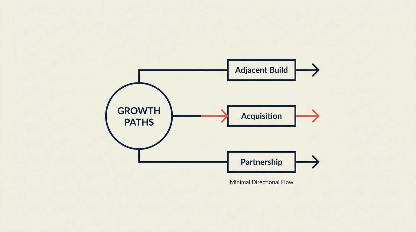 Portfolio expansion paths comparing adjacent services, acquisition versus build, and partnership models