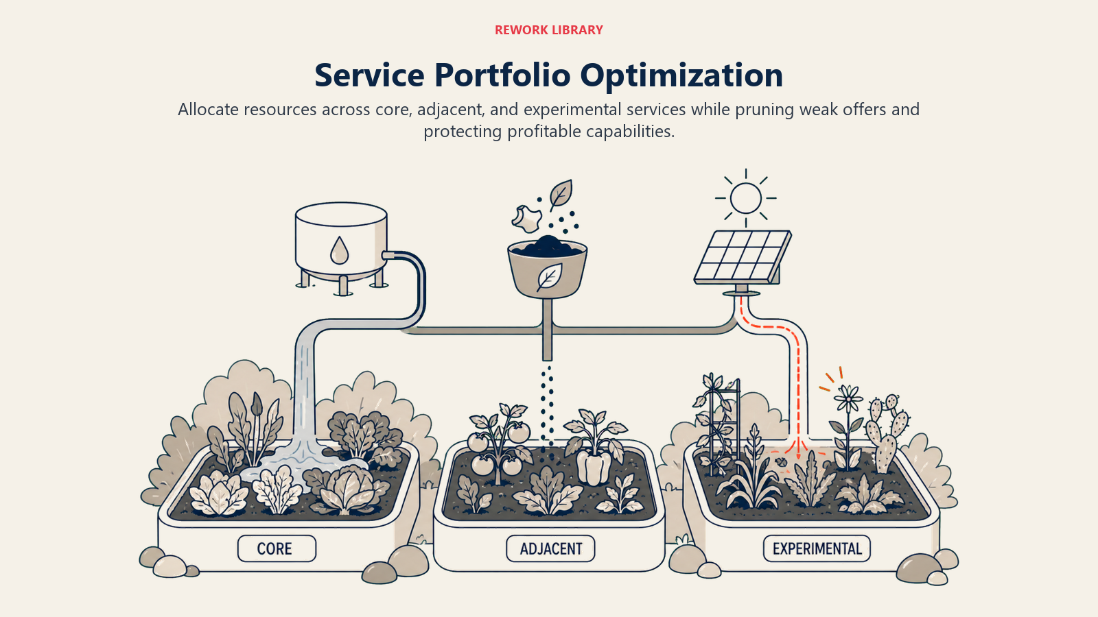 Service Portfolio Optimization illustrated by a wide portfolio garden with core, adjacent, and experimental beds receiving different resource flows