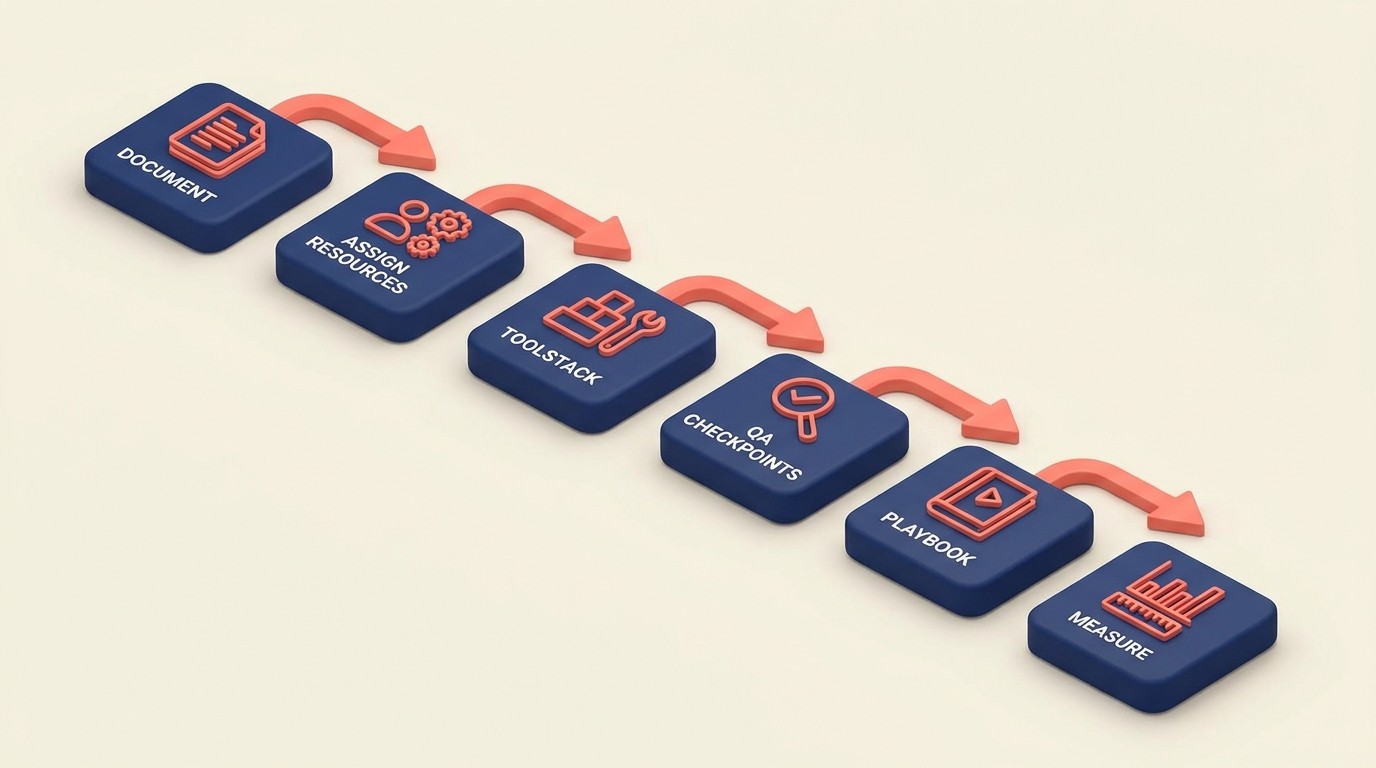 Standardized delivery workflow with playbooks, templates, and quality checkpoints