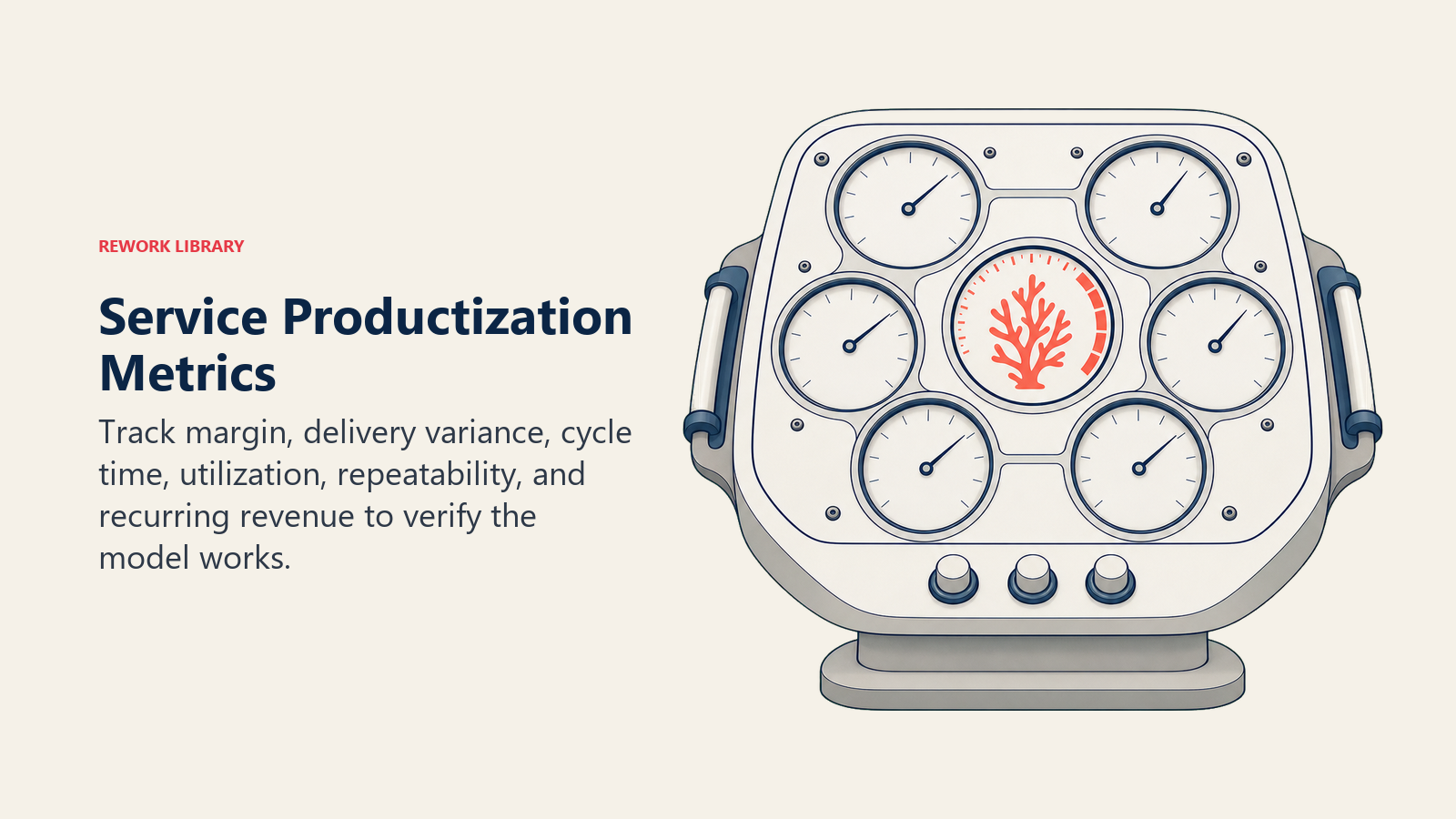 Service Productization Metrics illustrated by a compact control console with six large unlabeled gauges orbiting one coral health indicator, sparse and physical