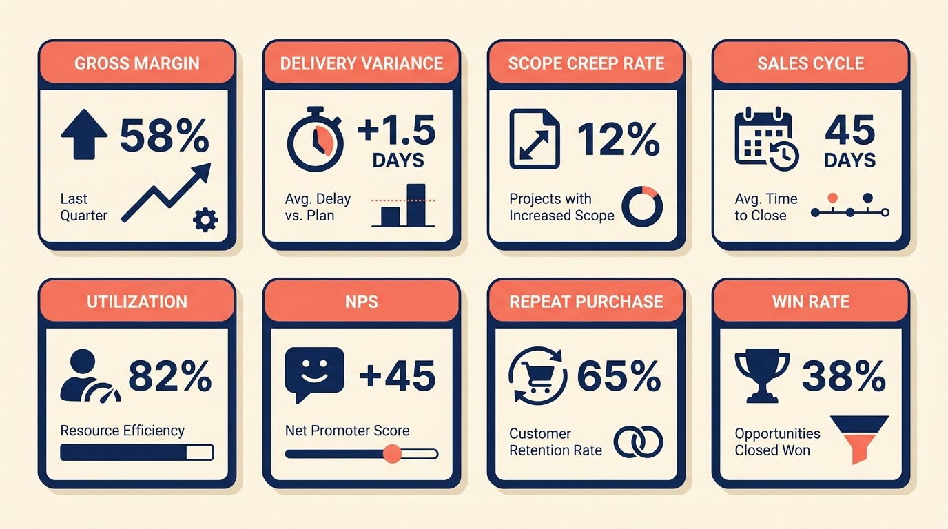 Key productization metrics dashboard including margin, scope creep, and win rate