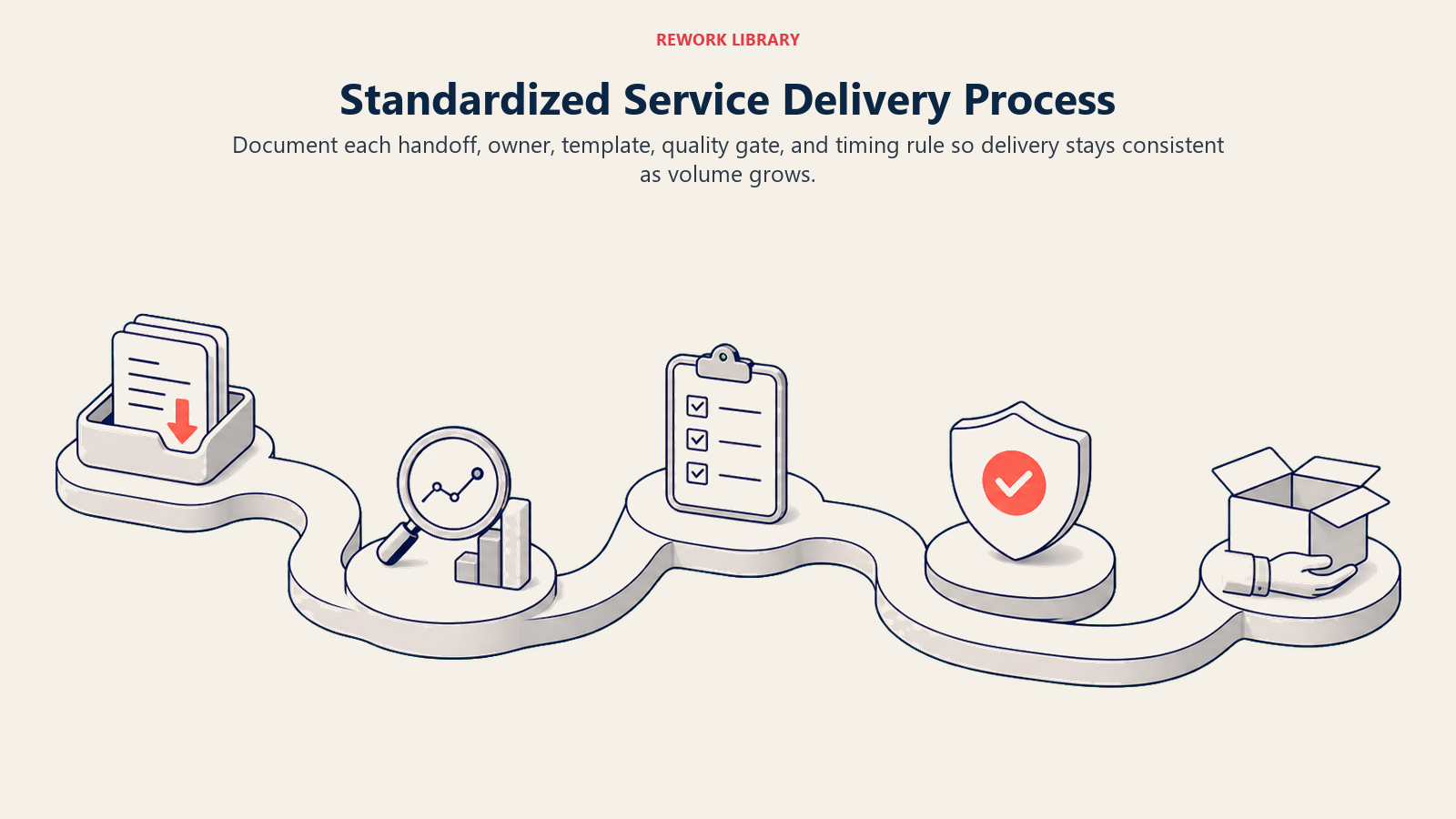 Standardized Service Delivery Process illustrated by a wide smooth delivery route passing through five distinct stations: intake, analysis, review, quality gate, and client handoff