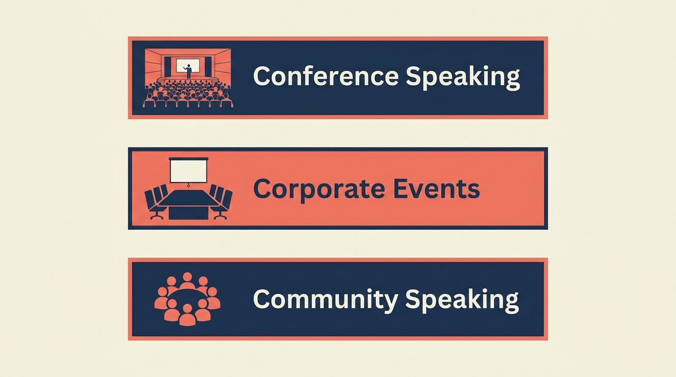 Three tiers of speaking opportunities: conference keynotes, corporate events, and community meetups with distinct audience profiles