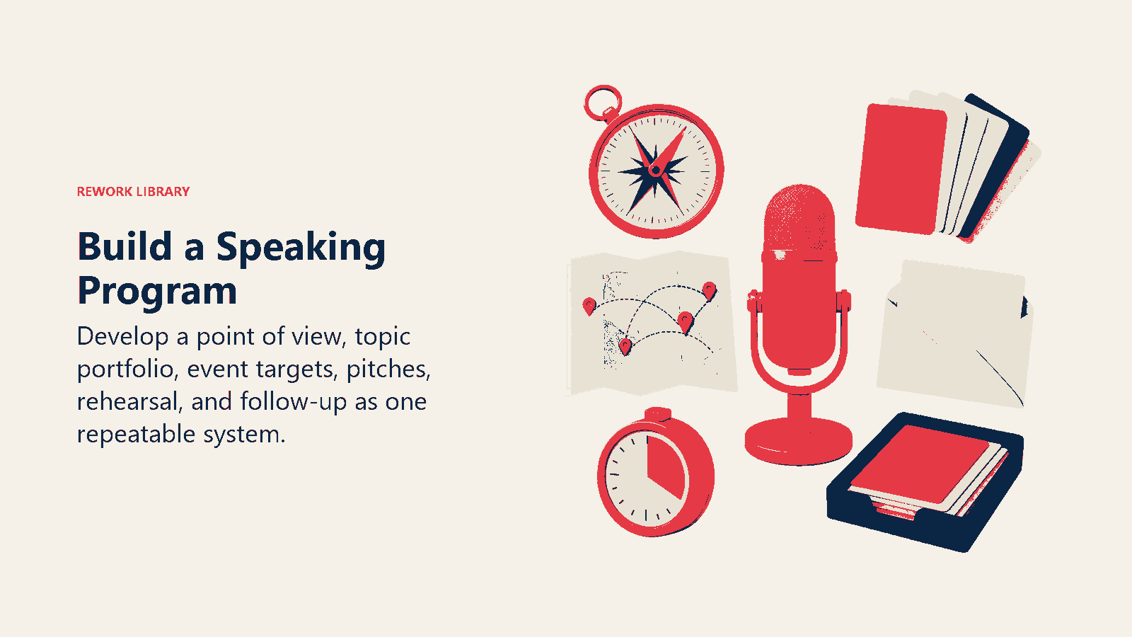 Build a Speaking Program shown as a speaker kit combines a compass, topic cards, map, pitch, timer, and follow-up tray.