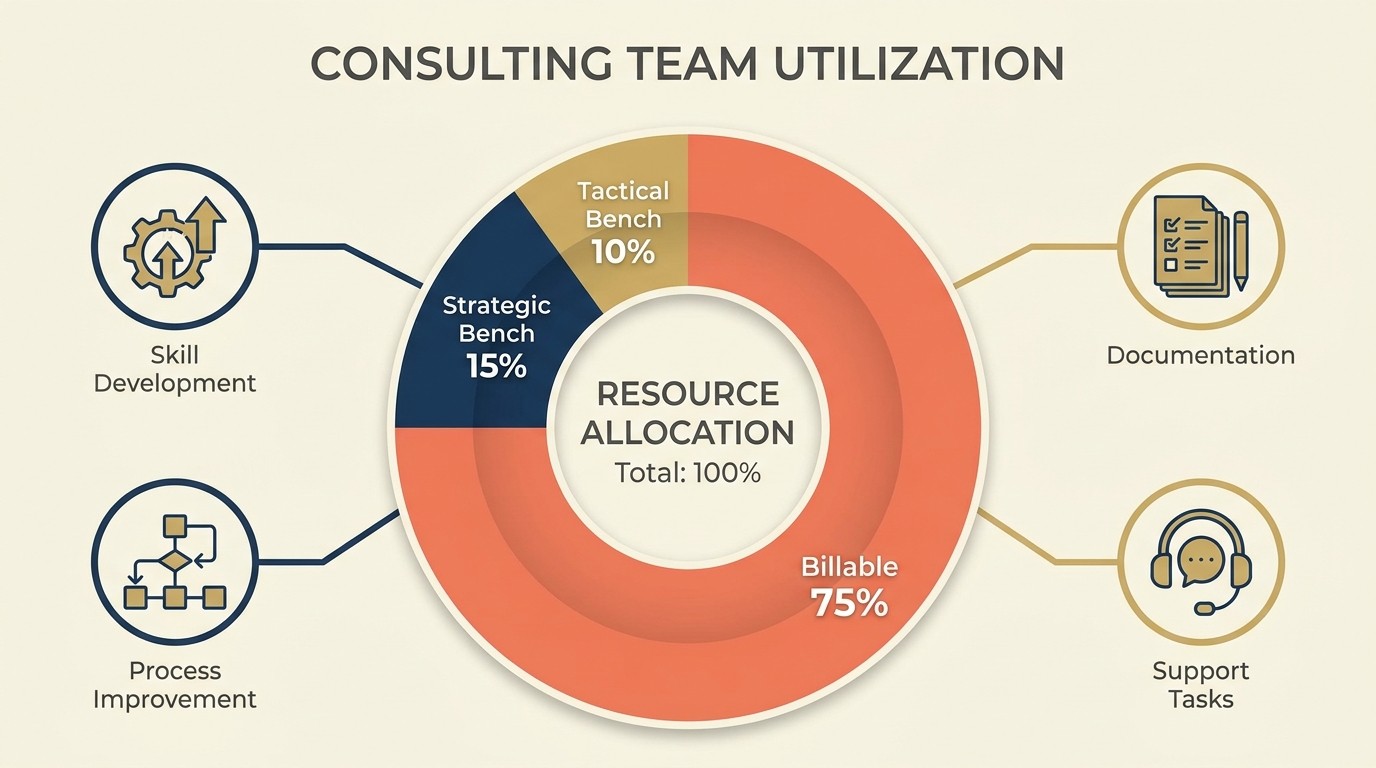 Bench management split between strategic development activities and tactical between-project gaps for consultants