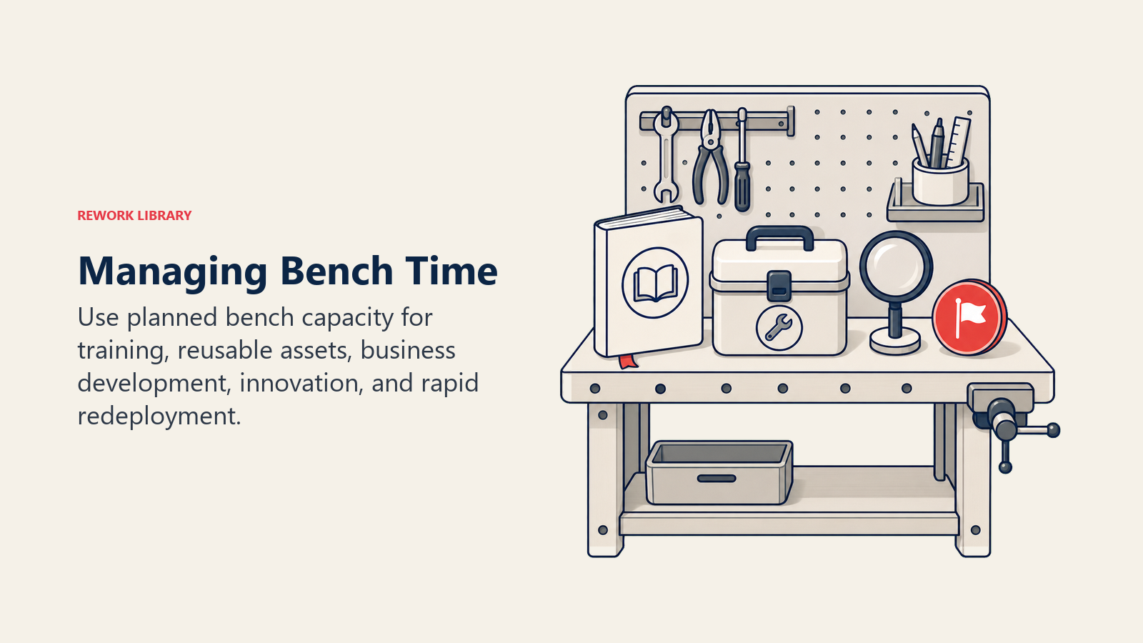 Managing Bench Time illustrated by a productive bench transformed into a workshop holding a training book, reusable toolkit, research lens, and ready assignment token