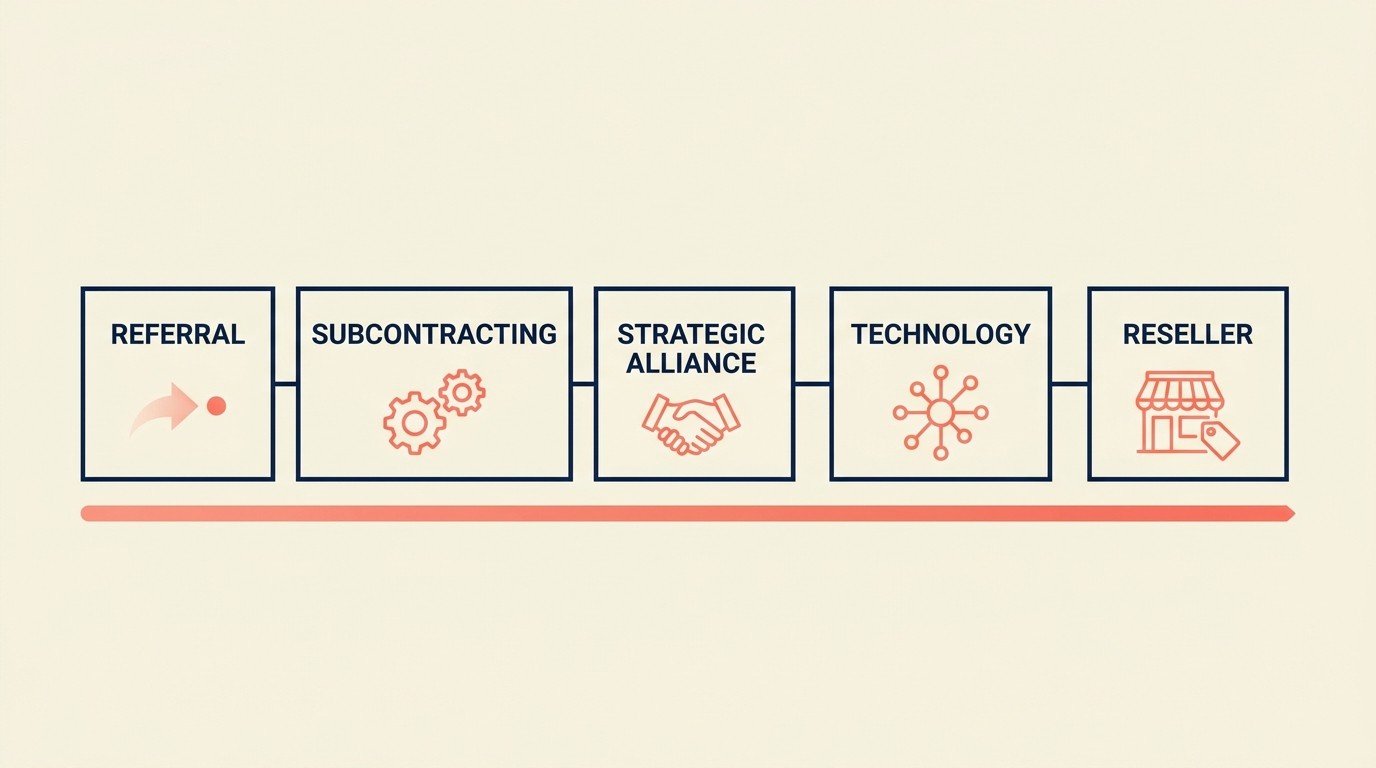 Comparison of five partnership model types including referral, subcontracting, strategic alliance, technology, and channel reseller arrangements
