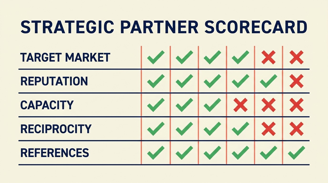 Partner qualification checklist covering fit, reputation, financial stability, commitment, and reference verification