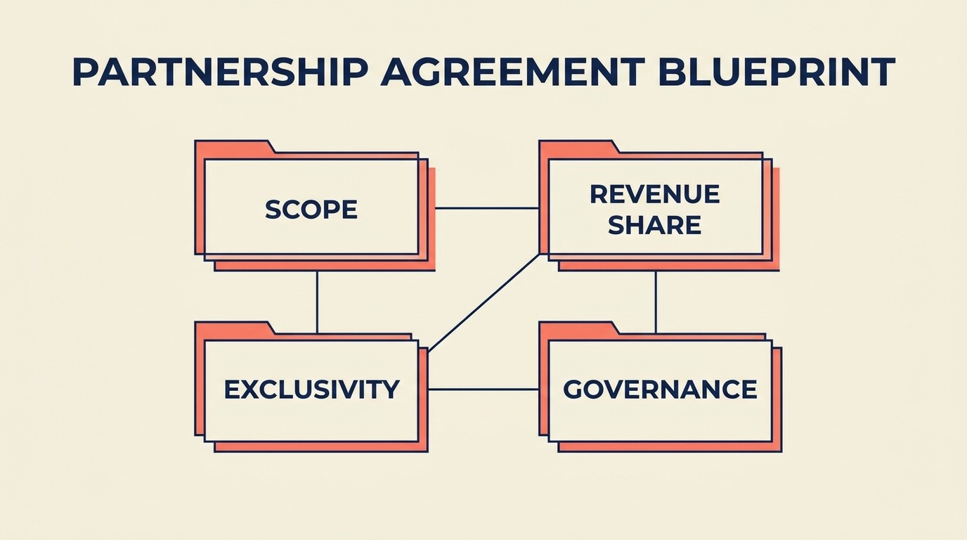 Partnership structure components including scope, revenue sharing terms, exclusivity, geographic boundaries, and governance