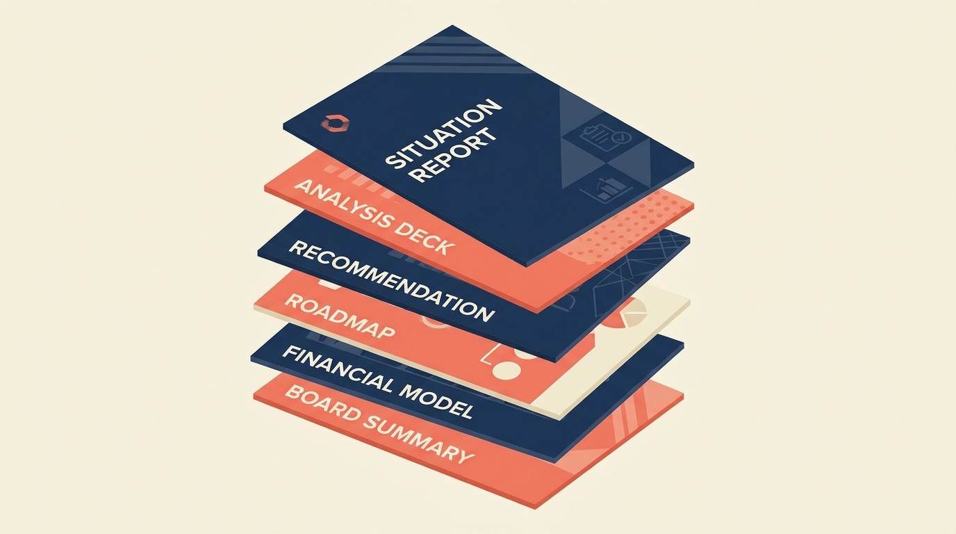 Strategy engagement deliverables stack from situation assessment to executive summary and financial model