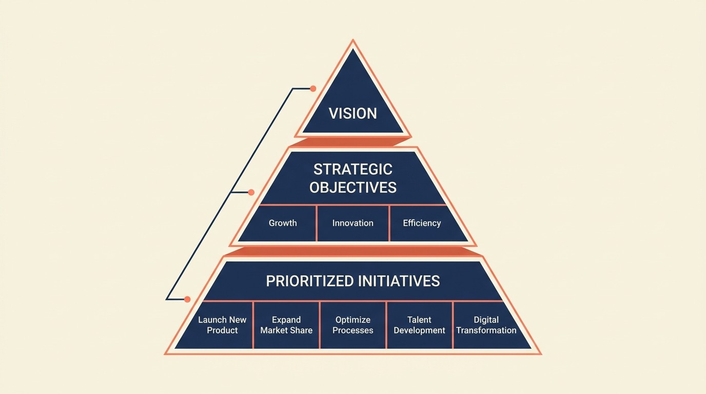 Strategy development phase translating vision into objectives, initiatives, and resource allocation