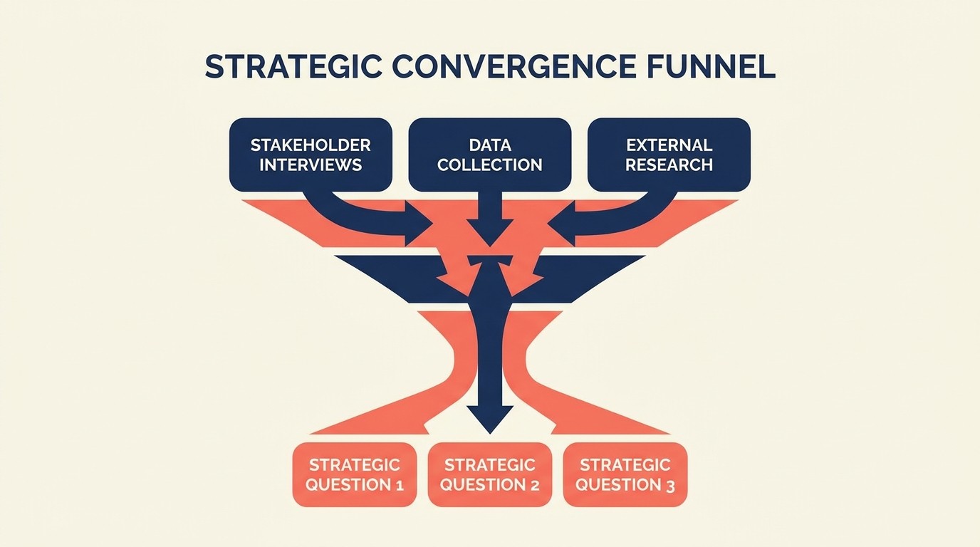 Discovery phase framework with stakeholder interviews, data collection, and strategic question framing