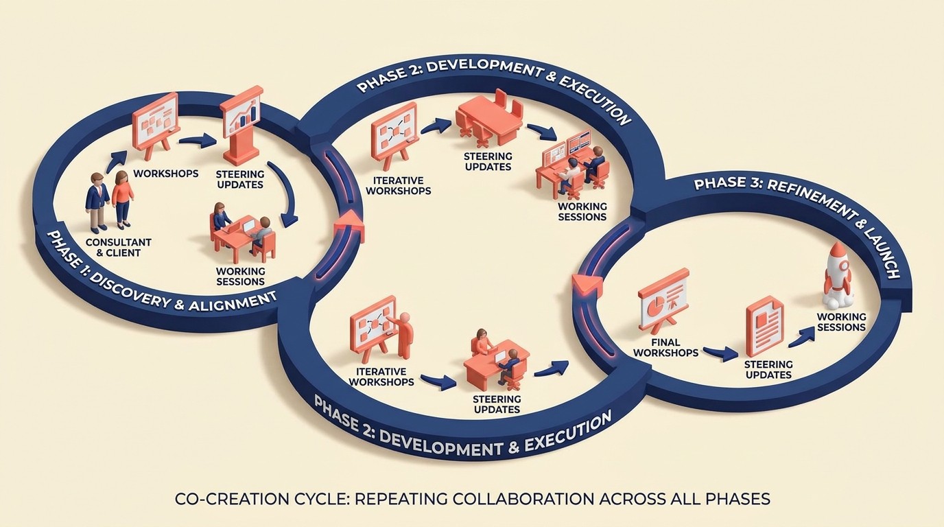 Client engagement model with workshops, steering committees, co-creation, and political navigation